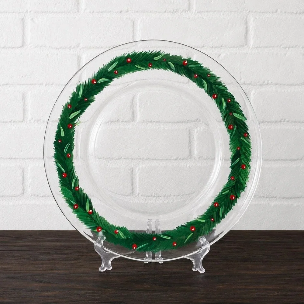 Hand Painted Glass Platter - Pine Wreath Berries - Signed HG - 13 Inch Charger